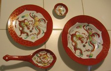 VINTAGE HAND-PAINTED CHINESE FAMILLE ROSE PLATE, SOUP BOWL , SPOON SAUCE BOWL
