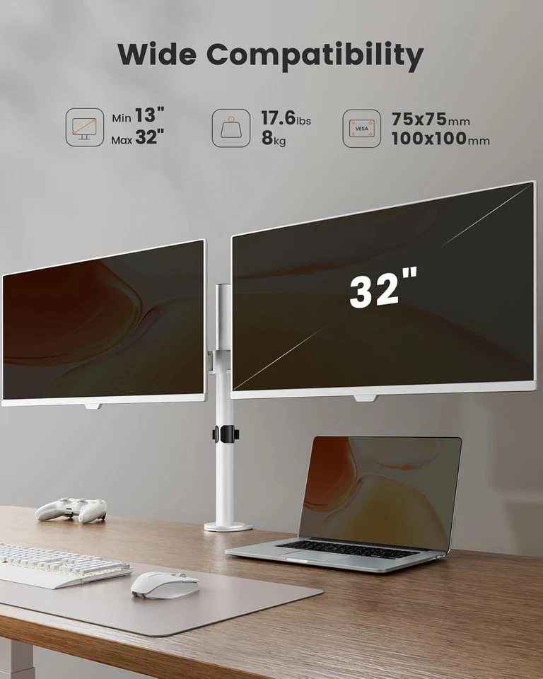White Desk Mount for Two 32" Monitors, Fully Adjustable - Image 4 of 4