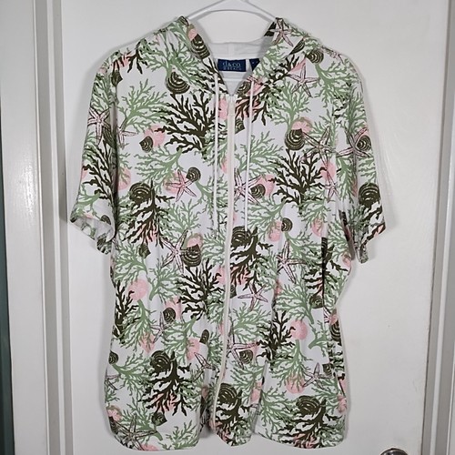 Denim & Co. Beach Damen XL Full Zip S/S Hoodie Überwurf Taschen grün pink neu ohne Etikett - Bild 1 von 9