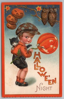 Halloween Winsch Freixas 12.1 #1 p301 Night Boy Cat Pipe Smoking JOL Postcard