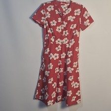 J. Crew 4 Button Front Red Dress Pink Flower Midi A-line