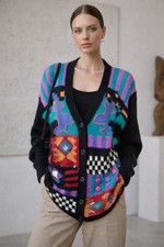 Vintage NO! Jeans Hand Knit Cardigan Sweater L Colorful Patchwork Chunky 90s Art