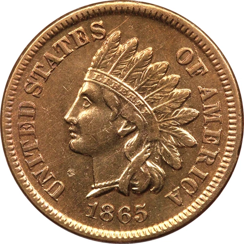 1865 Indian Head Cent 1C, About Uncirculated AU, Cleaned