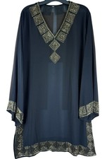 Dubai Black Sheer Chiffon Kaftan Tunic Hand Sown Gold Glass Beads Women s XXL