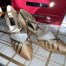 Stephanie Elite Ballroom Dance Tan gold trim Satin Shoes Size US 8 Heel 2