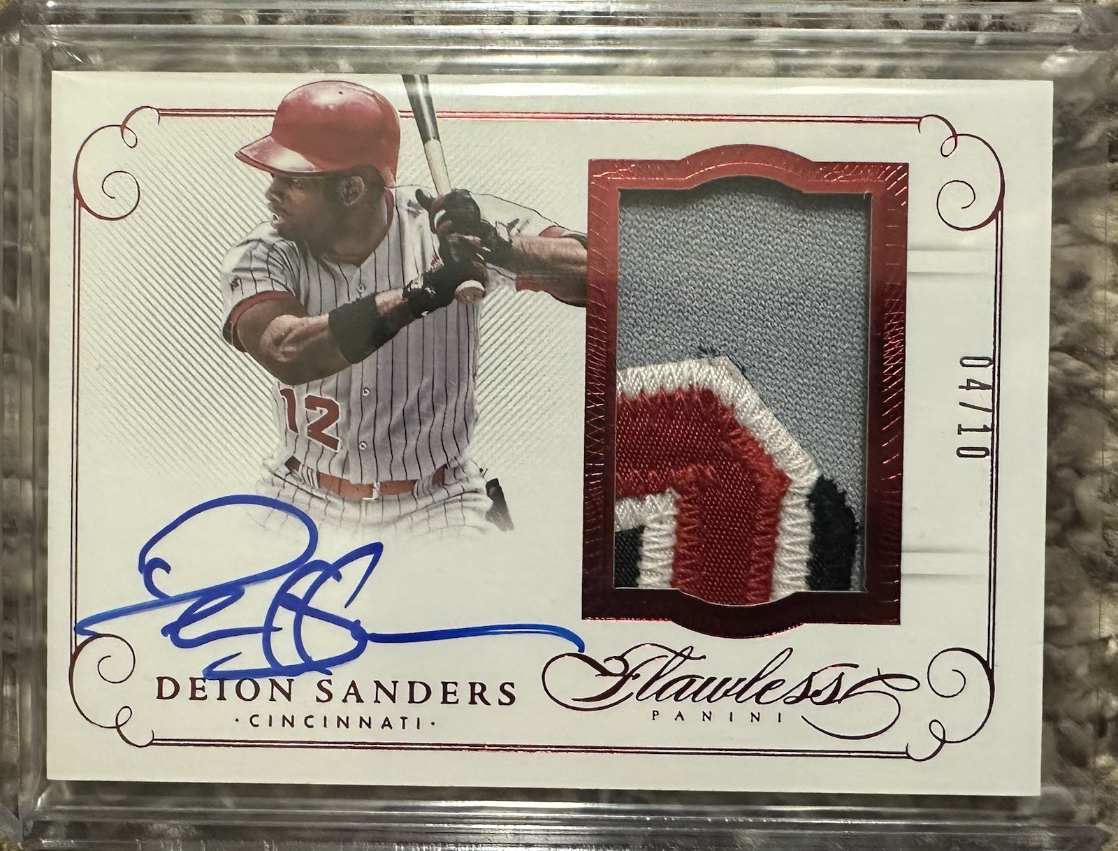 2016 Flawless Baseball Deion Sanders Game Used Patch Auto #4/10 Reds view 1