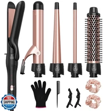Lopeie 5 in 1 Curling Iron with Thermal Brush and 4 Interchangeable Ceramic B
