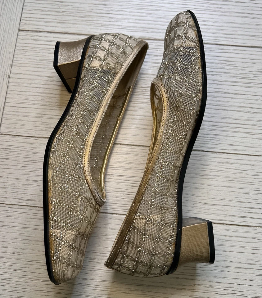 "Bombas vintage de malla dorada Nina, punta cuadrada, tacón bloque de 2""". Suelas de cuero. Talla 7 Foto 3 de 4