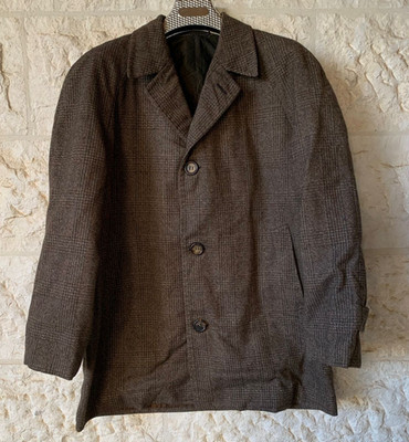 Vintage pure wool classic glen check brown raglan over coat jacket 46R XL