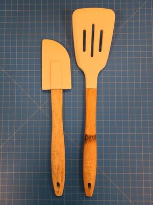 Silicone Spatula & Slotted Turner Set Wood Handles Cream Kitchen Cooking Utensil