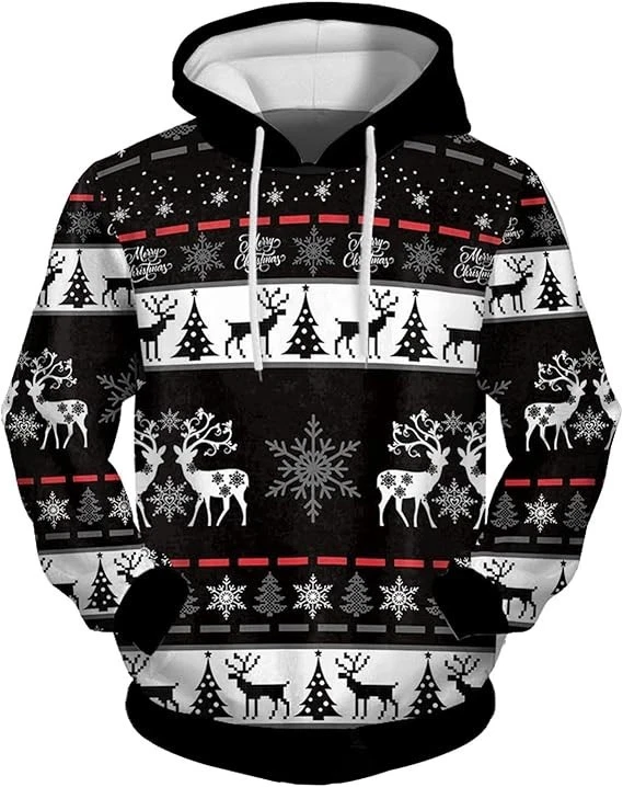 Black and White Christmas Hoodie 3D Reindeer Tree Snowflake Print Unisex