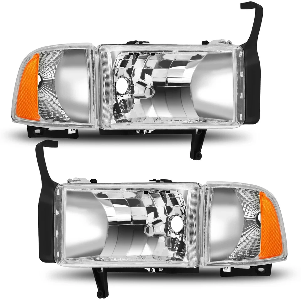 Pair Headlights For 1994-2002 Dodge Ram 1500 2500 3500 Chrome Housing Headlamps - Image 2 of 4