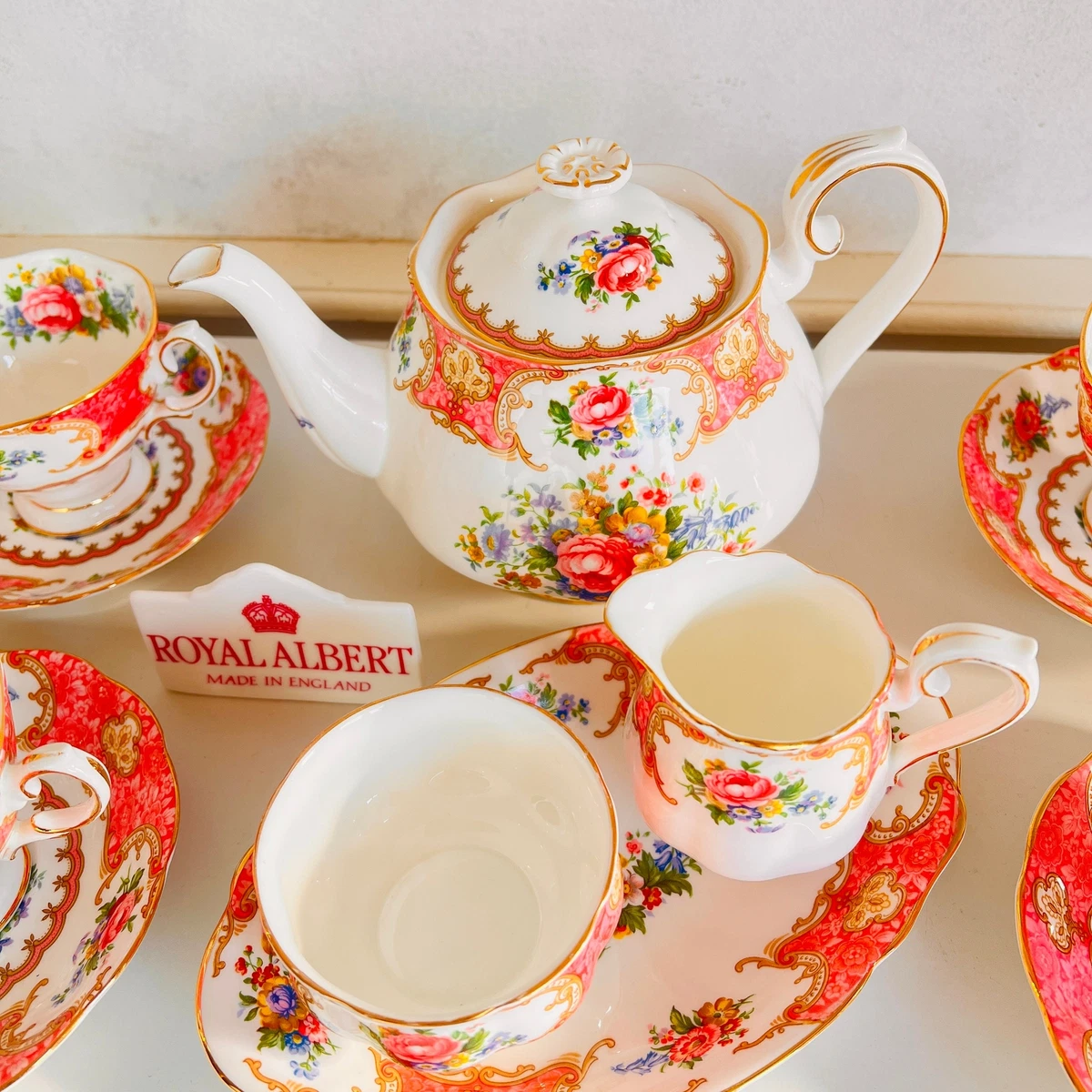 Royal Albert Lady Carlyle Tea Set: Bone China, Pink Floral, Gold