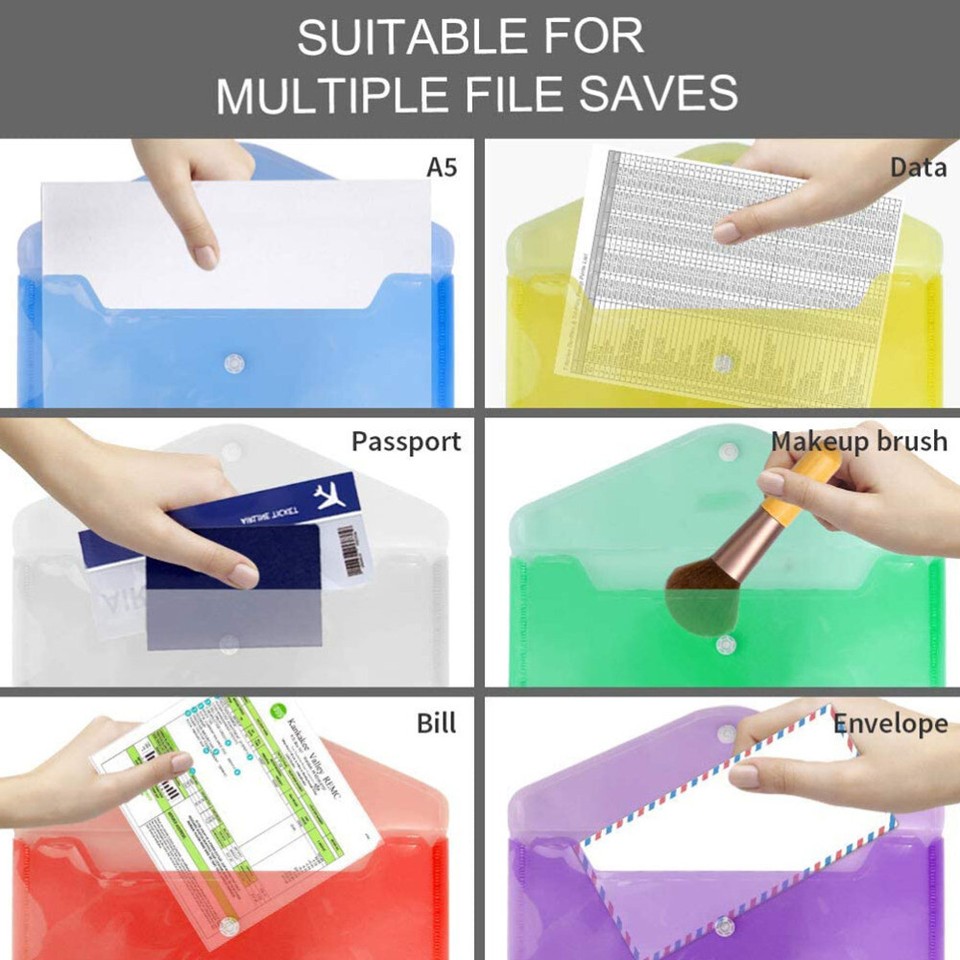 12 Pcs Plastic Snap Envelopes Large File Holder Document Storage Bags