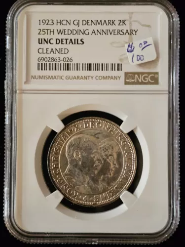 1923 HCN Gj DENMARK 2K NGC UNC-DETAILS 25TH WEDDING ANNIVERSARY