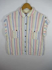 SO Rainbow Stripe Blouse Women Medium Cuffed Cap Sleeve Button Up