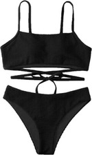 NWOT Black Ribbed High Waisted Cheeky Wrap Around Tie Bikini Size S