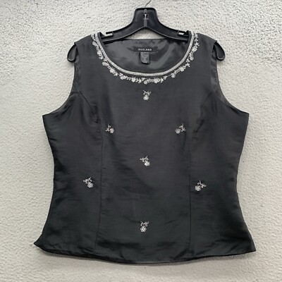Silkland 100% Silk Black Floral Embroidered Sleeveless Top Blouse Lined Size 12