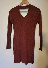 Derek Heart Maroon Midi Stretchy Collared V Neck Sweater Dress, Size Large - C
