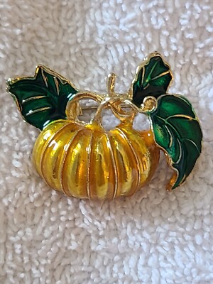 SMALL ORANGE ENAMEL PUMPKIN AUTUMN GOLD TONE