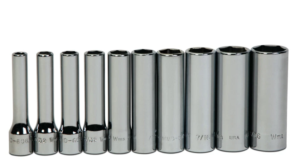 WILLIAMS INDUSTRIAL 10pc 3/16 - 9/16", 1/4" Drive, 6 Point Deep Chrome Socket Set Williams USA