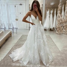 Spaghetti Straps Lace Wedding Dresses A Line V Neck Flowers Boho Bridal Gowns