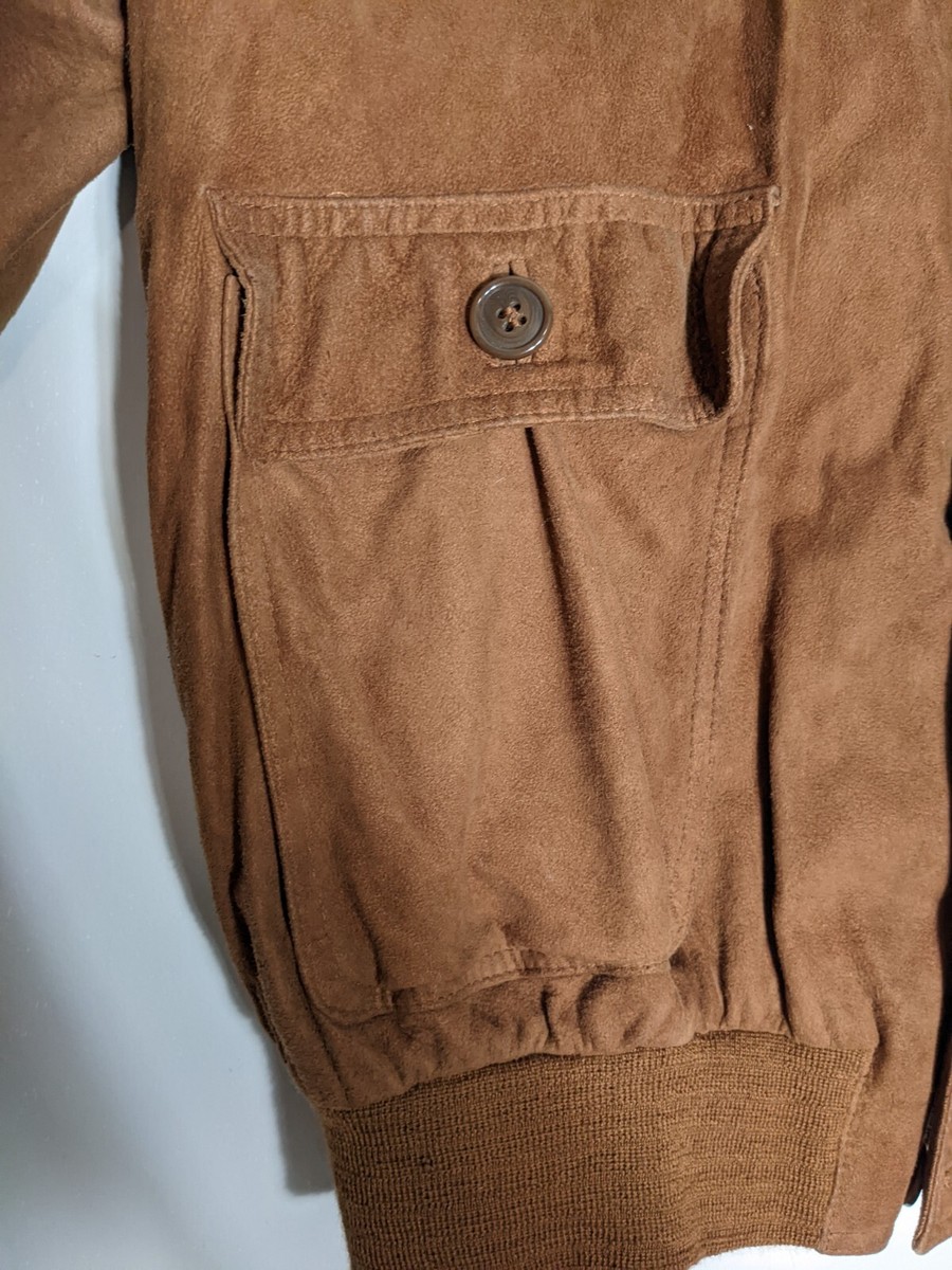 Vintage Bally Suede Jacket Mens 42 Brown Leather Ribbed Wool Trim