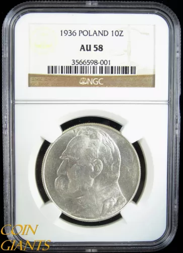 1936 Poland 10 Zlotych Y#29 Silver Coin NGC AU58 Undergraded About Uncirculated 