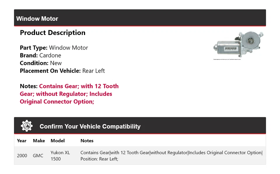 Para GMC Yukon XL 1500 2000 motor de ventana trasero izquierdo cardone Foto 2 de 4
