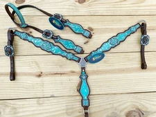 MOUSM Western Leather Headstall and Breast Collar Tack Set for Horses - Turquois