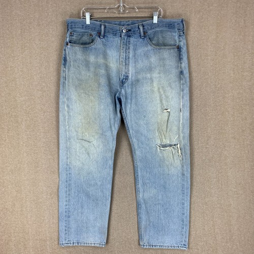 Levis 505 Mens Jeans 38x29 (40x29) Blue Regular Fit Straight Leg Distressed - Picture 1 of 17