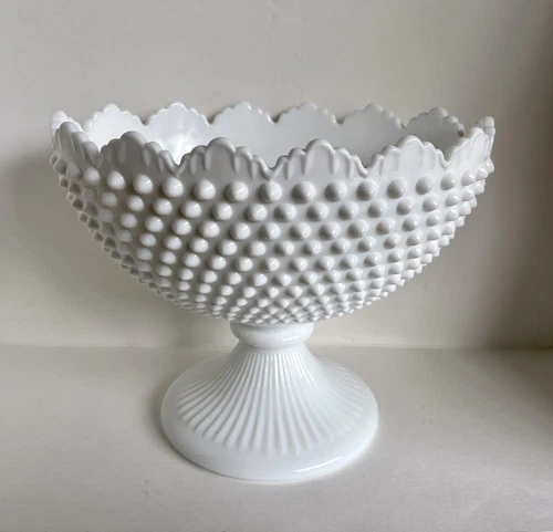 Fenton Scalloped Oval White Hobnail Milk Glass Pedestal Bowl Footed 9"x7"x5" Vtg