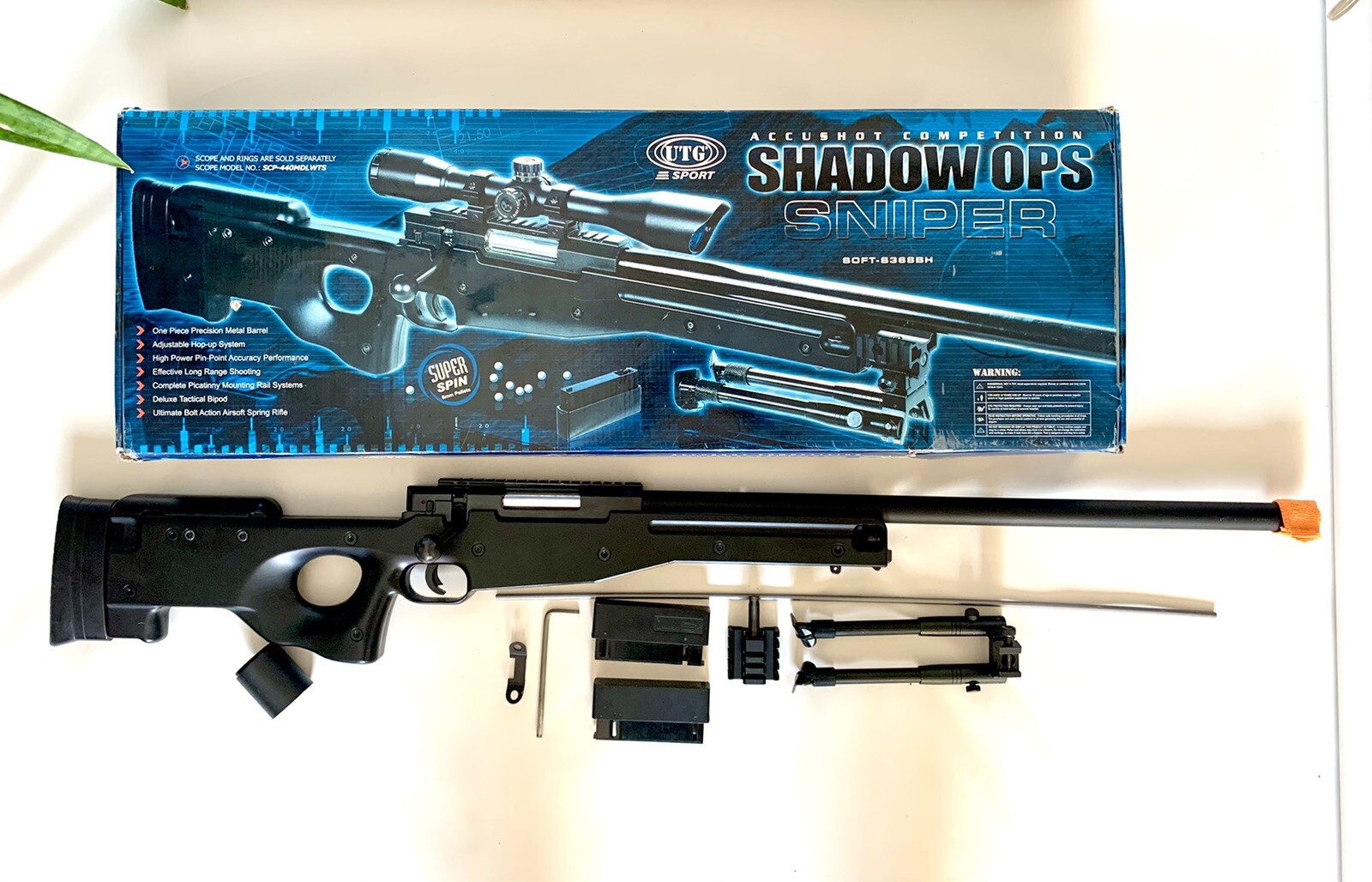 UTG AccuShot Shadow Ops Airsoft Sniper Rifle - Bolt Action Spring Rifle With Bipod, Spare Mag & Sling