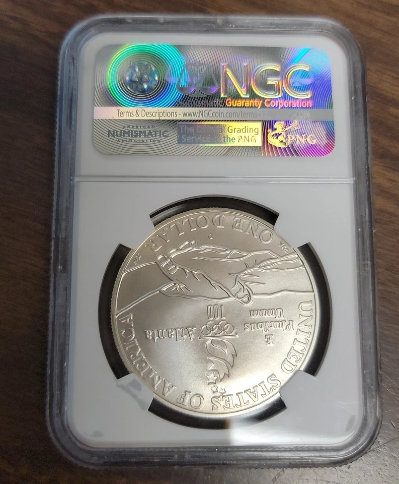 1995 D Atlanta Cent. Olympic Games "Cycling" Comm. Unc Silver Dollar NGC MS70 - Image 2 of 4
