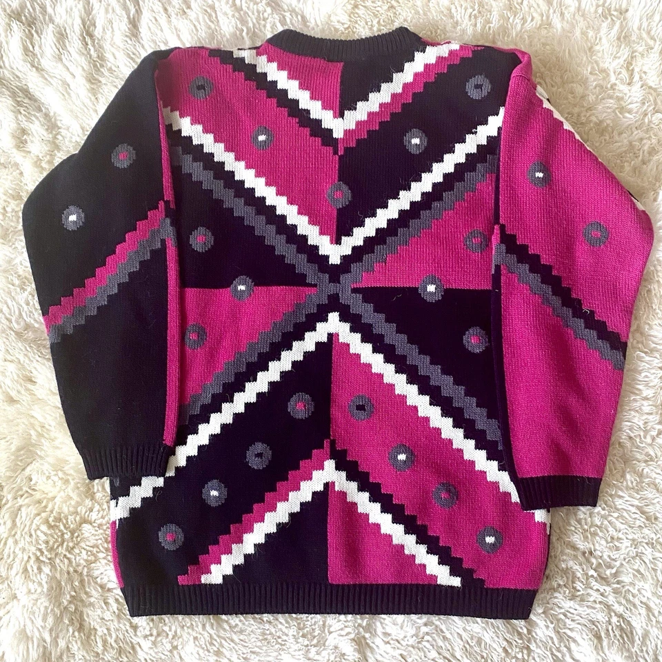 Suéter Joyce Vintage Años 80 Rosa Negro Geométrico Para Mujer Pequeño Años 90 Años 90 Foto 3 de 3