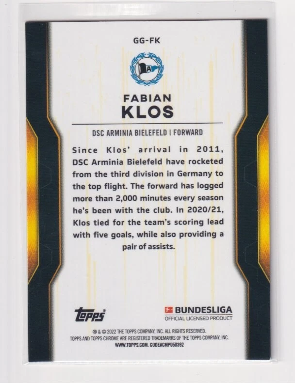 Fabian Klos 2022 Topps Bundesliga Golden Generation  #GG-FK Arminia Bielfeld - Image 2 of 2