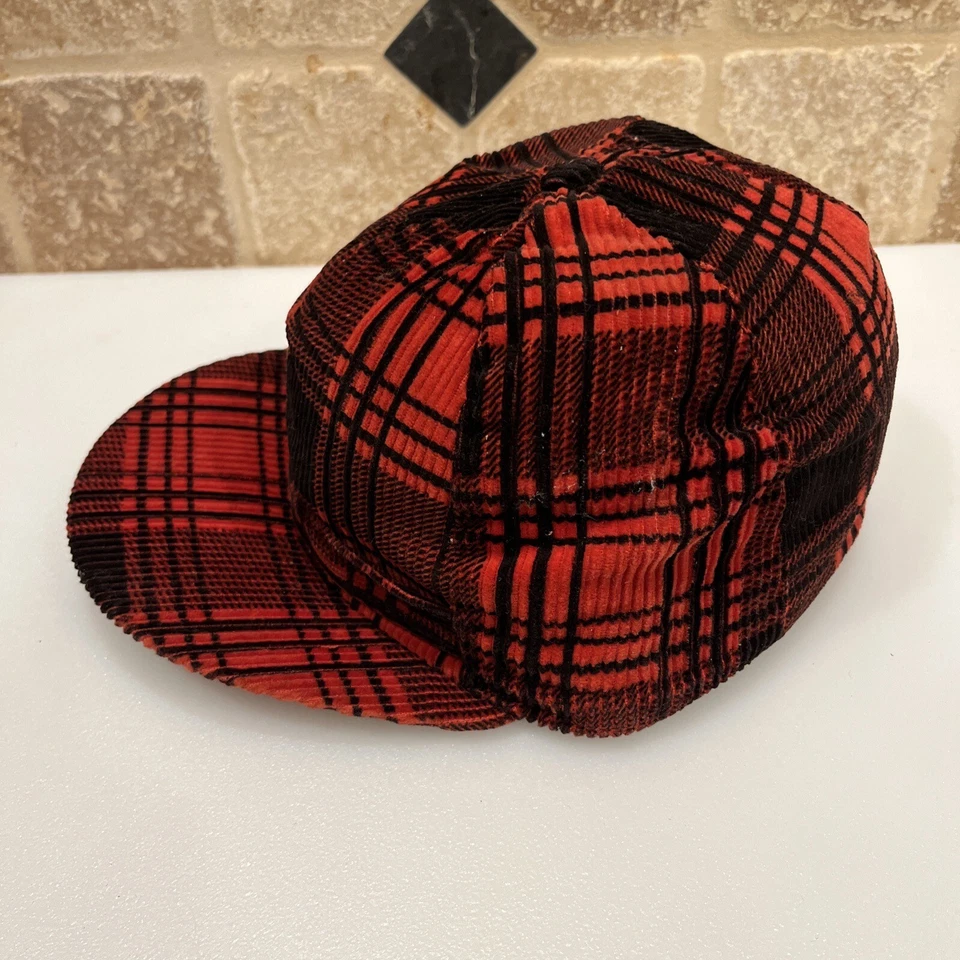 Vintage Deadstock 1960s Corduroy Trapper Hat Cap Ear Flaps 7 1/8 Buffalo Plaid - Image 3 of 4