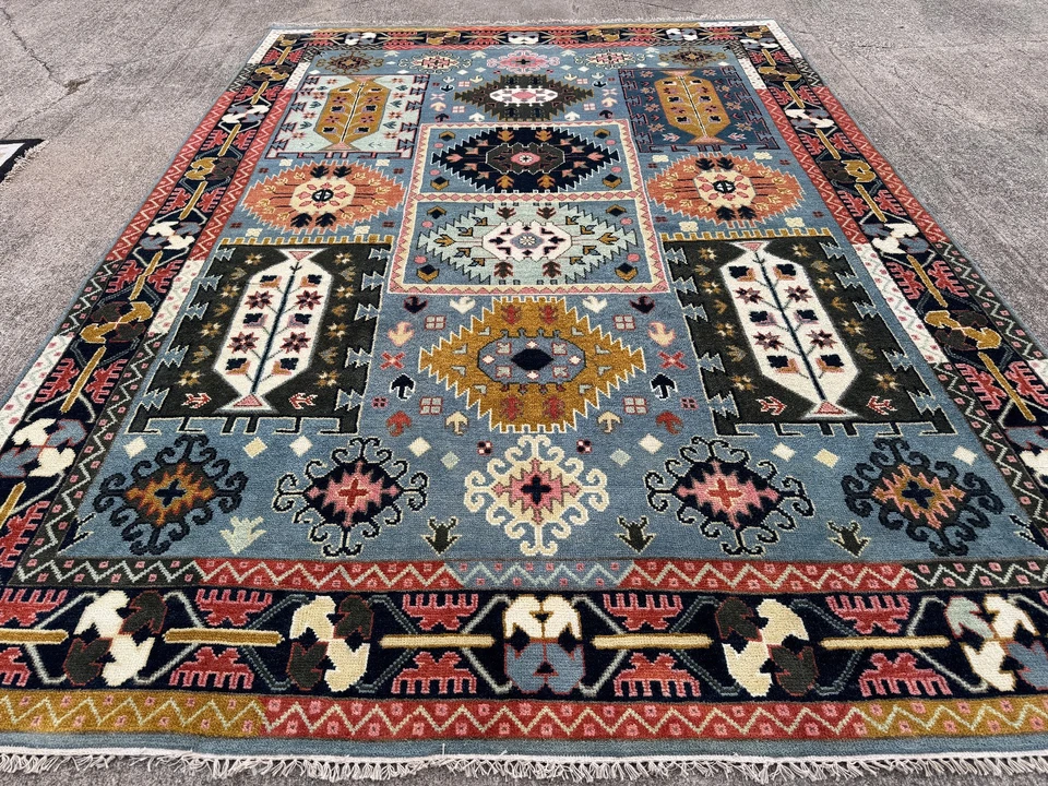 9x12 NEW WOOL ORIENTAL RUG HANDMADE blue geometric hand-knotted colorful oushak - Image 2 of 4