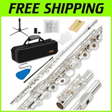 Beginner Flute Kit with Stand, Case, Gloves - Silver