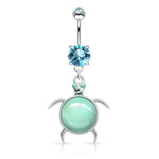Tortuga marina de acero quirúrgico 316L con anillo ombligo de piedra turquesa