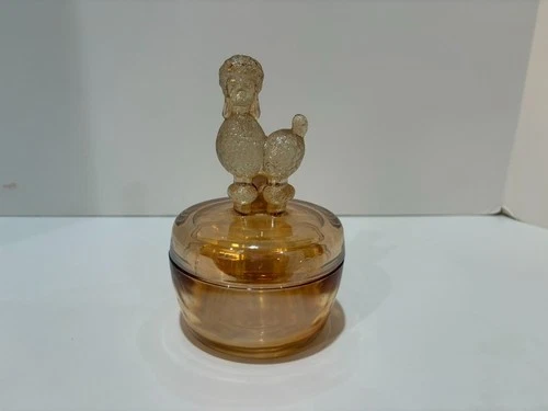 Vintage Jeanette Marigold glass powder puff poodle trinket dish