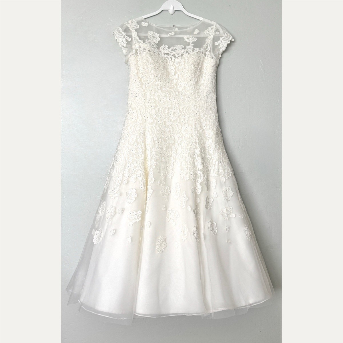 Oleg Cassini Ivory Embellished Lace Cap Sleeves Tea-Length Wedding Dress CMK513 | eBay Oleg Cassini Ivory Embellished Lace Cap Sleeves Tea-Length Wedding Dress CMK513 | eBay