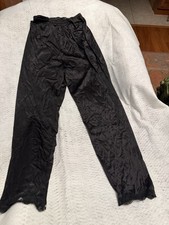 Vintage Black Nylon Lingerie Pajama Pants Lace Trim Scalloped Hem Sleepwear