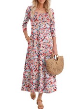 Womens 3/4 Sleeve Scoop Neck Casual Maxi Dress,Pink Floral,S