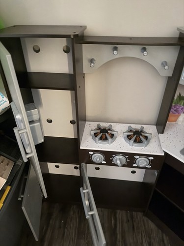 KidKraft Gray Wood Corner Kitchen Set Lights Microwave Sink Fridge