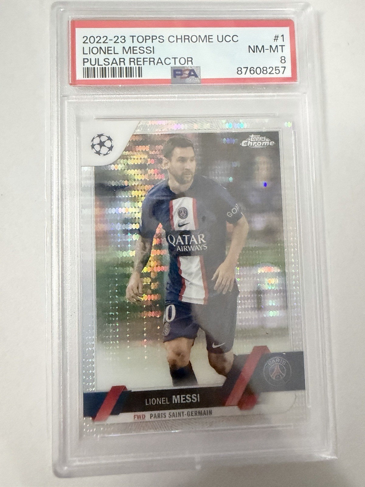 2022 Chrome UEFA Club Competitions Pulsar Refractor Lionel Messi #1 PSA 8 09gn view 2