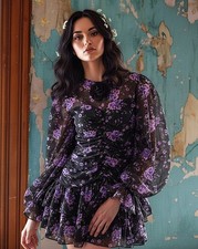 Vestito Zara floreale in chiffon con drappeggi, gonna a volant e maniche volume 
