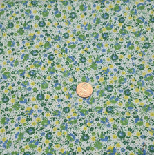 VTG White Fabric Ditsy Tossed Floral Print Green Yellow Blue 56x44" Cottage 150