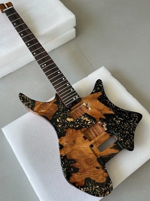 A set Headless Electric Guitar Body Black gold sprinkle Mahogany cover plate