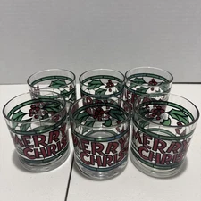 6 VINTAGE WEST VIRGINIA GLASS CO MERRY CHRISTMAS HOLIDAY GLASSES ROCKS OLD FASHI